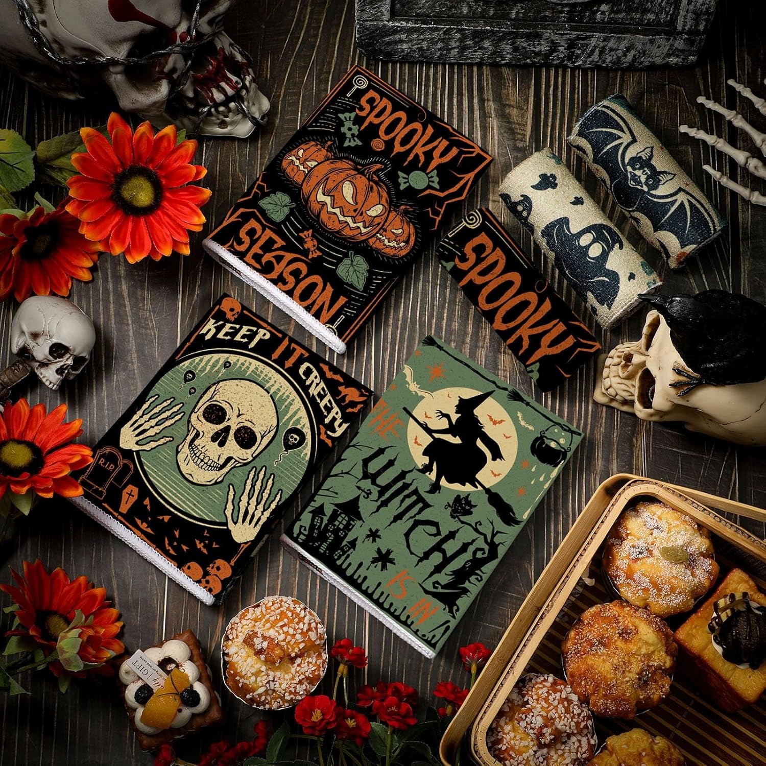 6 Pcs Halloween Kitchen Towels Set Halloween Skeletons Crows Owl Dish Towels Set Vintage Terror Halloween Hand Towel Cooking Baking Tea Towels for Home Bathroom Cooking Baking