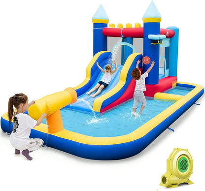 Inflatable Water Slide, Bounce House Water Slide with Ball Pit for Kids Backyard Fun W/735W Blower, Blow up Jump Bouncy Castle Water Slides Inflatables for Kids Boys Girls Outdoor Party Gifts