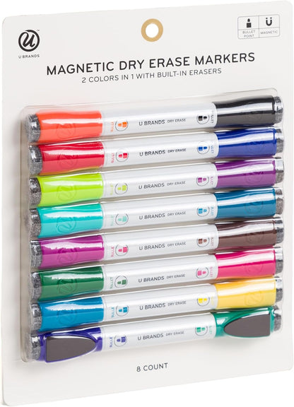 Magnetic Double-Ended Dry Erase Markers with Erasers, Set of 6, Assorted Colors, Low-Odor, Bullet (3 Mm) Point