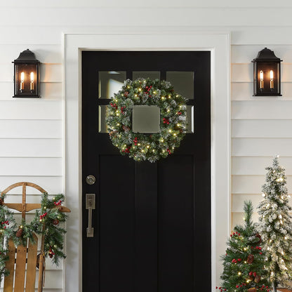 Pre-Lit Artificial Christmas Wreath, Green, Crestwood Spruce, White Lights, Decorated with Pine Cones, Berry Clusters, Frosted Branches, Christmas Collection, 36 Inches