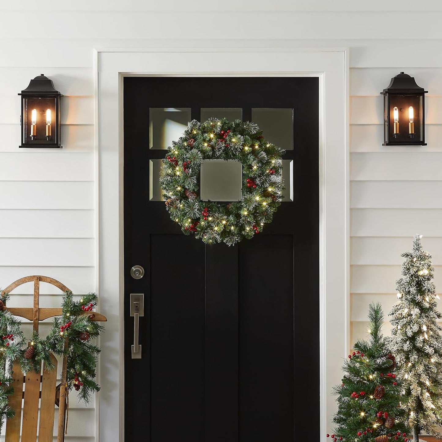 Pre-Lit Artificial Christmas Wreath, Green, Crestwood Spruce, White Lights, Decorated with Pine Cones, Berry Clusters, Frosted Branches, Christmas Collection, 24 Inches