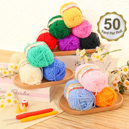 Crochet Kit with Step-By-Step Video Tutorials，Premium Bundle Includes 12 Roll X50Yard Acrylic Yarn Balls, 12 Crochet Hooks, Crochet Bag and All Accessories Kit, Crochet Kit for Beginners