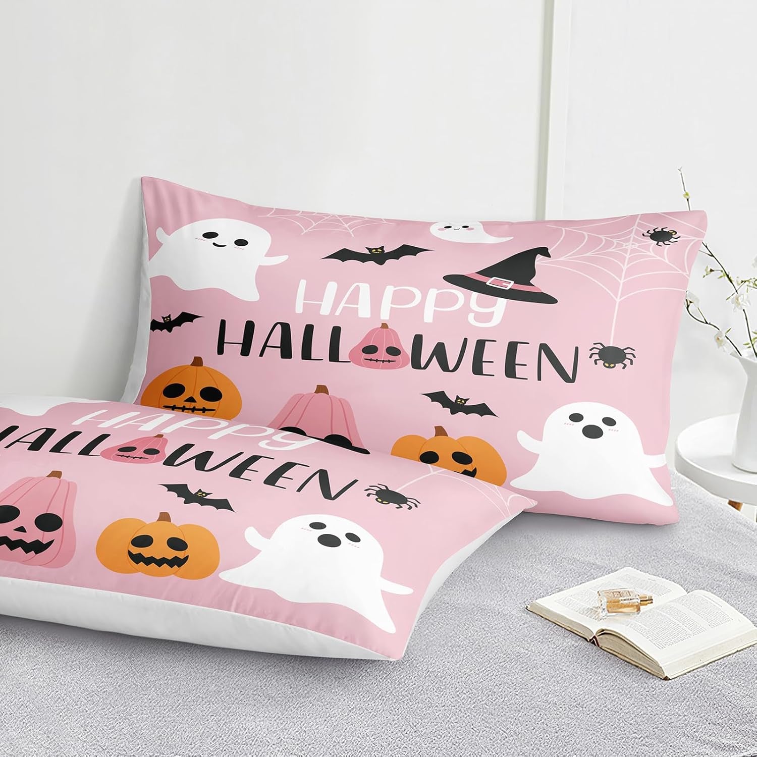 Pumpkin Ghost Comforter Set Girls Pink Halloween Bedding Set Orange Pumpkin White Ghost Bat Spider Cute Cartoon Bedding Kids Teens Happy Halloween Bed Set King Size