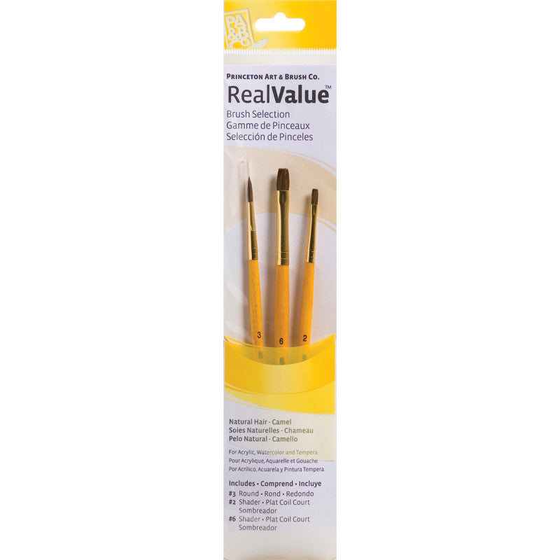 RealValue Brush Set, Camel Bristles, Short Handle Mixed Media Paintbrush, Brown, 3 Pieces