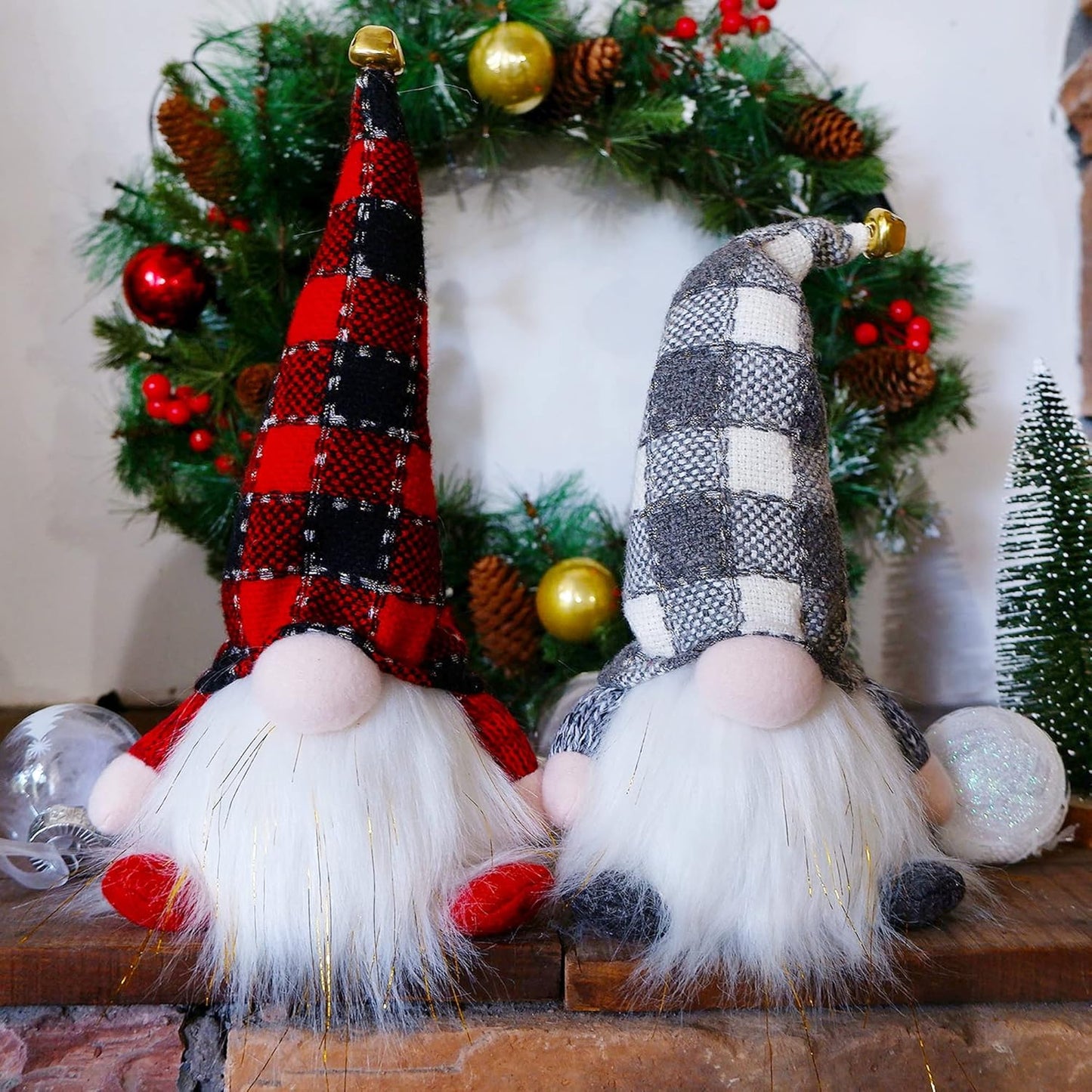 2 Pack Lighted Christmas Gnomes, 12 Inch Handmade Plush Scandinavian Swedish Tomte with Buffalo Plaid Hat, Light up Elf Toy Holiday Present, Battery Operated Xmas Gifts Winter Tabletop Decor