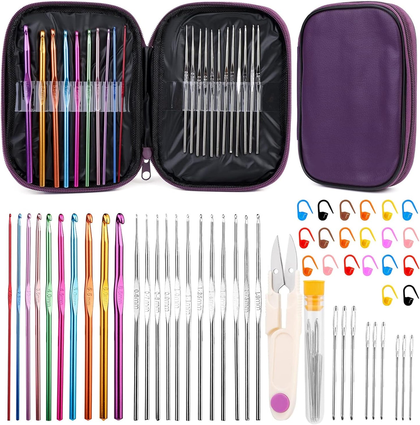 54 Pcs Crochet Needles Set, Crochet Hooks Kit with Storage Case, Ergonomic Knitting Needles Blunt Needles Stitch Marker DIY Hand Knitting Craft Art Tools for Beginners