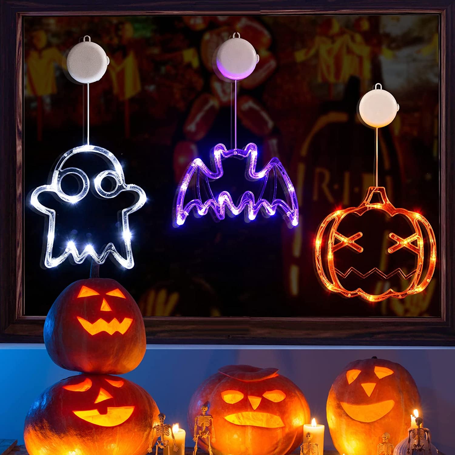 Halloween Decorations  Orange Pumpkin, White Ghost, Purple Bat Halloween Window Lights with Suction Cup, Battery Operated Halloween Lights, Upgrade Slow Fade Mode and Timer Function