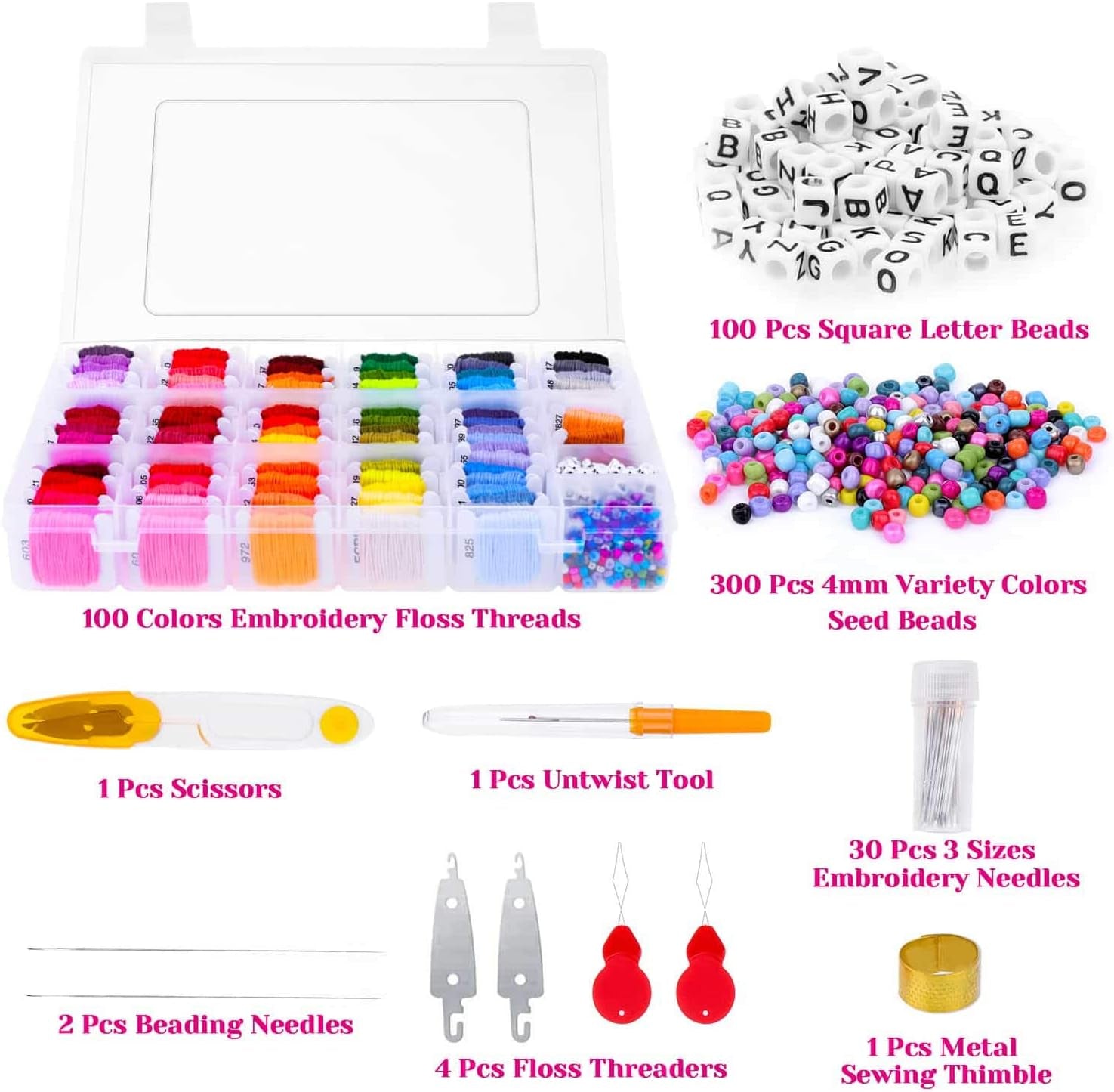 Friendship Bracelet String Kit, 100 Colors Embroidery Floss Cross Stitch Thread Supplies Kit with Organizer Storage Box, 39 Pcs Tools and 400 Beads for Embroidery Bracelet