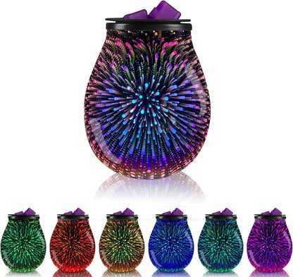 3D Glass Fireworks Electric Wax Melt Warmer with PTC Heating Plate 7 Colors LED Changing Light Wax Burner Melter Fragrance Warmer for Home (3D)