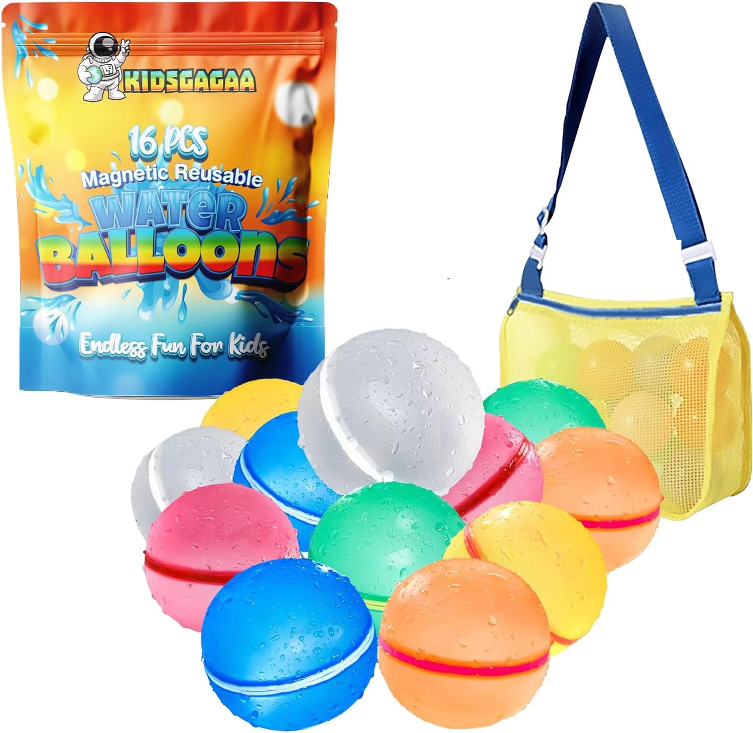 16 Pcs Reusable Water Balloons for Kids, Quick Fill Toddler Summer Toys, Bulk Refillable Magnetic Swimming Pool Outdoor Self-Sealing Bombs