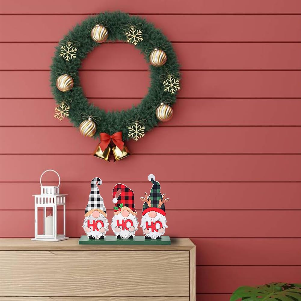 Christmas Decoration for Home, Rustic Wooden Merry Christmas Sign with Ho Ho Ho Gnomes, Tabletop Xmas Holiday Décor for Living Room, Dining Table, Mantel, Tiered Tray (HOHOHO)