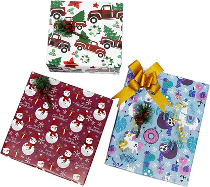 Christmas Gift Wrapping Paper Large Sheet for Kids Boys Girls Baby Women Men Xmas Wrapping Paper 3Style Christmas Sloth Llama Santa Snowman Tree Truck Car Gift Wrap Paper (27*39.4Inch