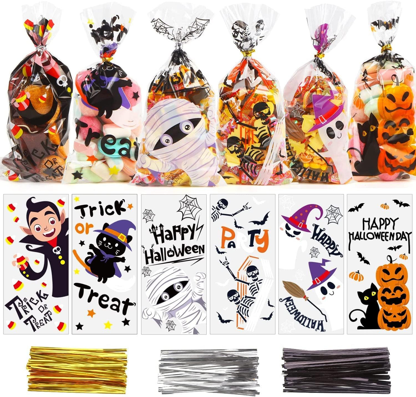 Halloween Cellophane Treat Bags, 120Pcs Plastic Clear Candy Bags Pumpkin Ghost and Halloween Goody Bags with 150 Twist Ties for Kids Halloween Trick or Treat Party Favors