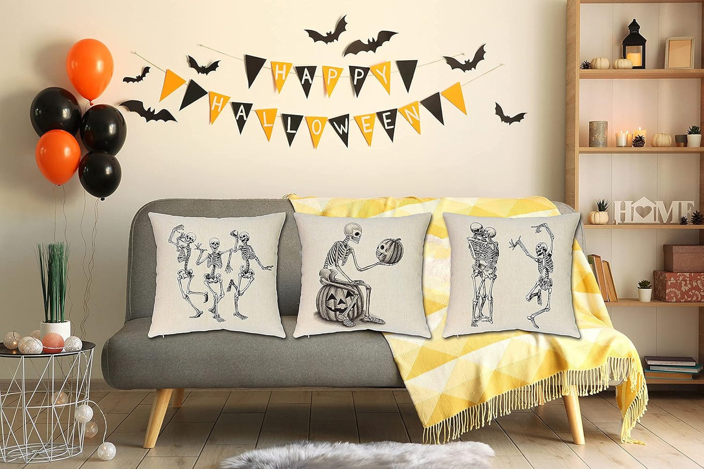 Halloween Pillow Covers Skeleton Skull Pumpkin Throw Pillowcases Set of 4 Cotton Linen Pillow Cushion Cover for Halloween Decorations, 16 by 16 Inch