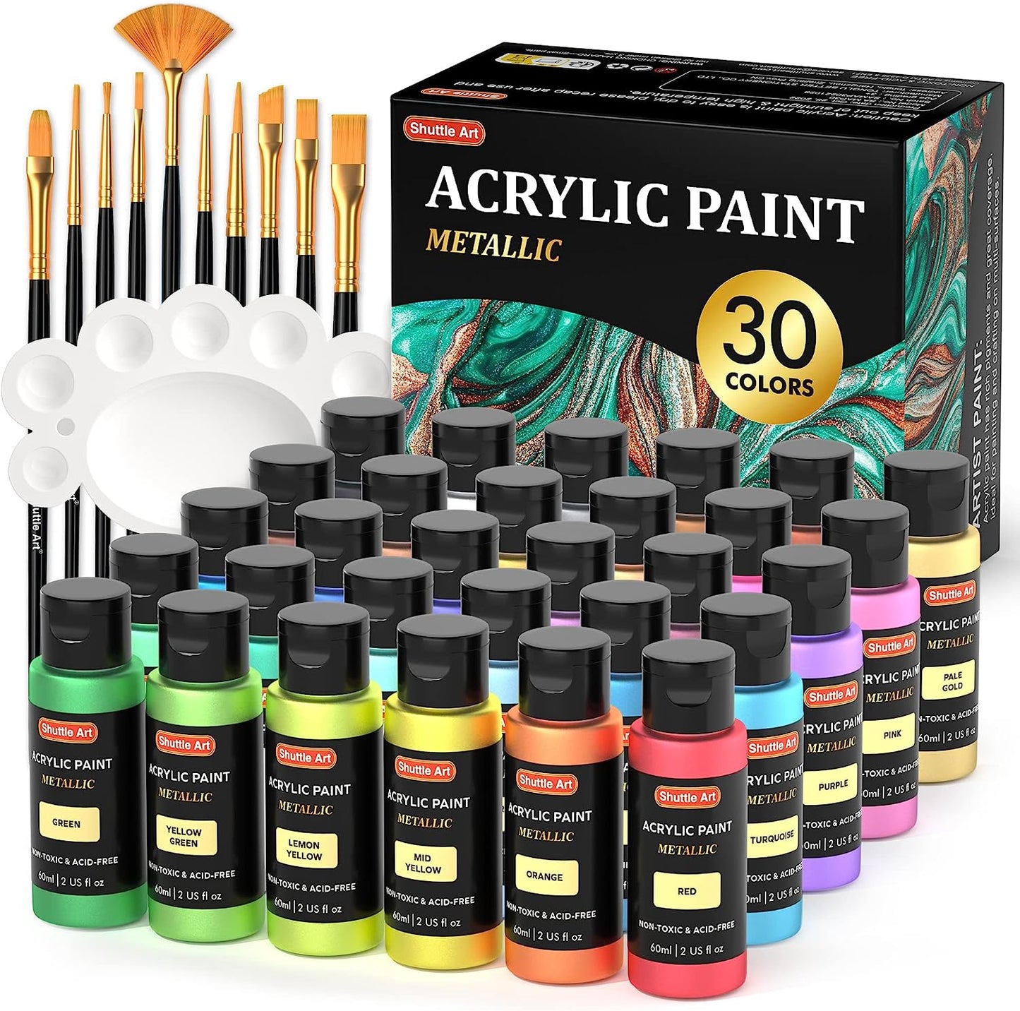 72 Pack Acrylic Paint Set,  60 Colors Acrylic Paint Including Extra White Black & 12 Brushes, 2Oz/60Ml, Rich Pigmented, Water Proof, Ideal for Artists, Beginners on Canvas Rock Wood Ceramic