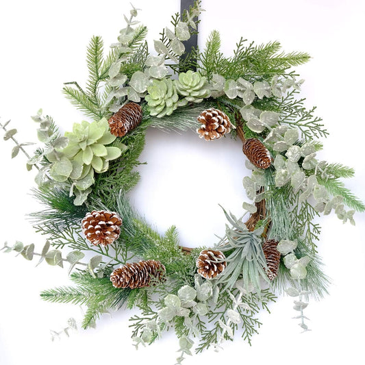 22 Inches Greenery Wreath Snowy Pine Cone Grapevine Wreath Artificial Winter Garlands for Front Door Indoor Wall Decor for Home Office Decoration with Floral Swags and Pine Branches