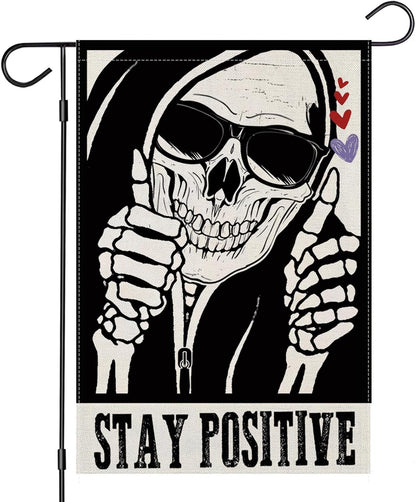 Halloween Garden Flags for outside Decoration, STAY POSITIVE Funny Skeleton Small Yard Flag for Outdoor Decor 12X18 Inch Vertical Double Sided