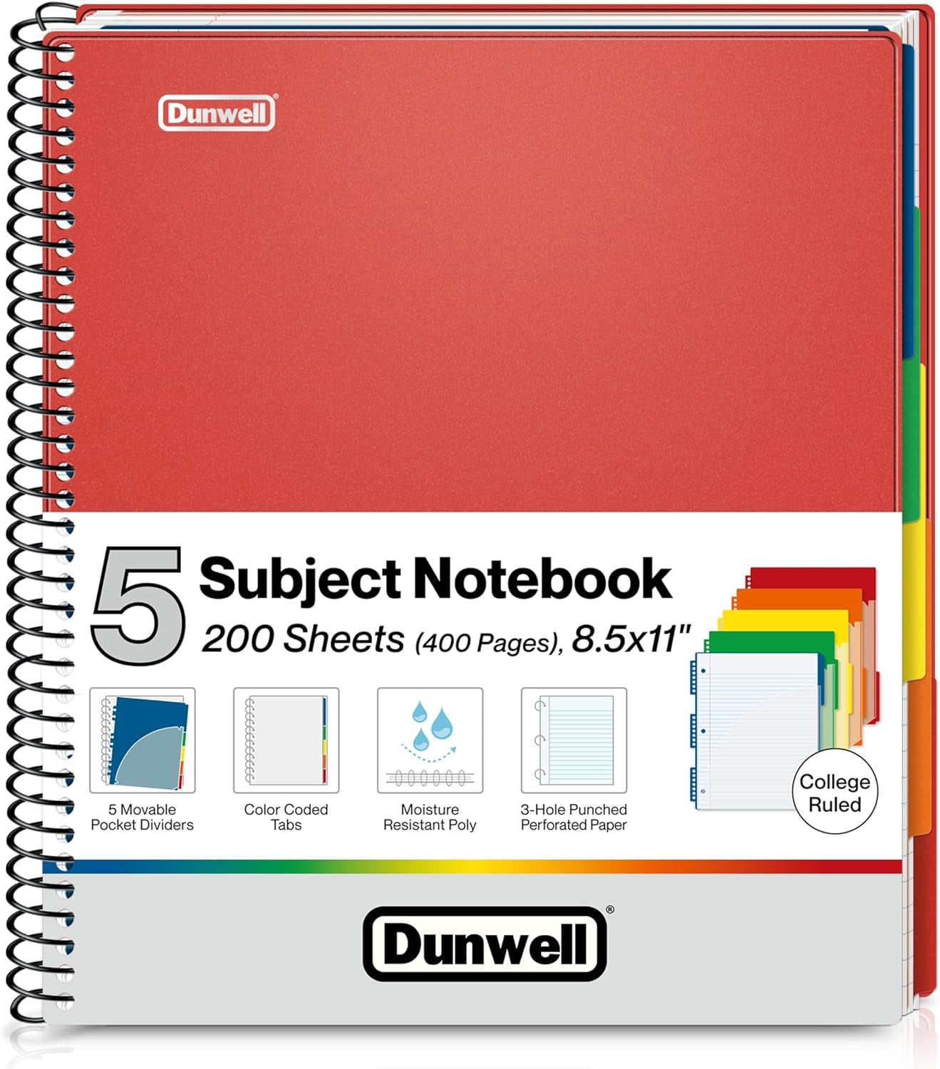 5-Subject Notebook College Ruled 8.5 X 11, 200 Sheets (400 Pages), Spiral Notebook 8.5X11 with Tabs, Movable Pocket Dividers, Front/Back Plastic Covers, Multi Subject Notebook