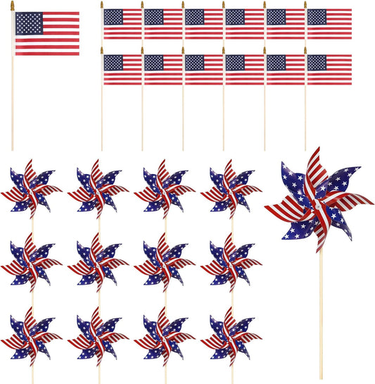 4Th of July Decorations American Flag Patriotic Pinwheels, 24 Pack Fourth of July Outdoor Decor Small Flags on Sticks with Yard Pinwheels,Red White and Blue Decor for Patriotic Party Supplies