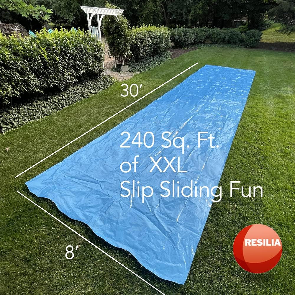 - Super Slip Lawn Water Slide XXL, 30 Feet Long X 8 Feet Wide, for Adults and Teens, Powder Blue with Hold Steady Stakes