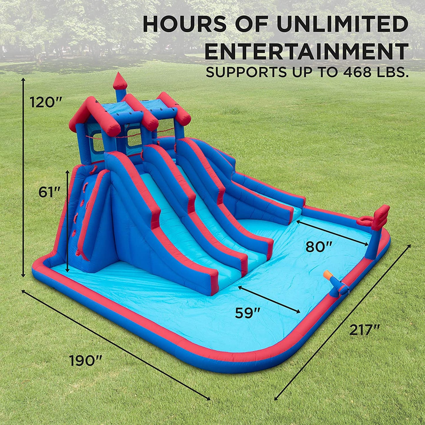 Mega Sport Inflatable Water Triple Slide Park – Heavy-Duty for Outdoor Fun - Climbing Wall, 3 Slides & Splash Pool – Easy to Set up & Inflate with Included Air Pump & Carrying Case