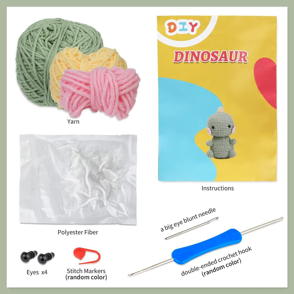 Beginners Crochet Kit, Crochet Animal Kit, Knitting Kit with Yarn, Polyester Fiber, Crochet Hooks, Step-By-Step Instructions Video, Crochet Starter Kit for Beginner DIY Craft Art (Dinosaur)