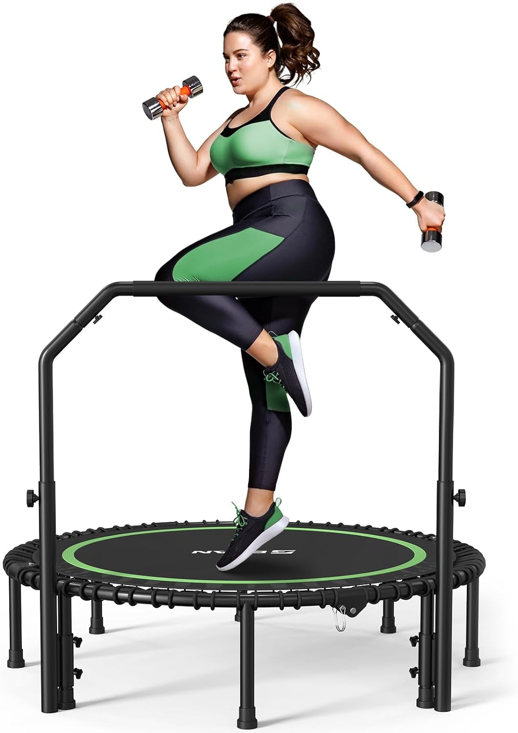 450/550 LBS Foldable Mini Trampoline, 40"/48"/50" Fitness Trampoline with Bungees, U/T Shape Adjustable Foam Handle, Stable & Quiet Exercise Rebounder for Kids Adults Indoor/Garden Workout