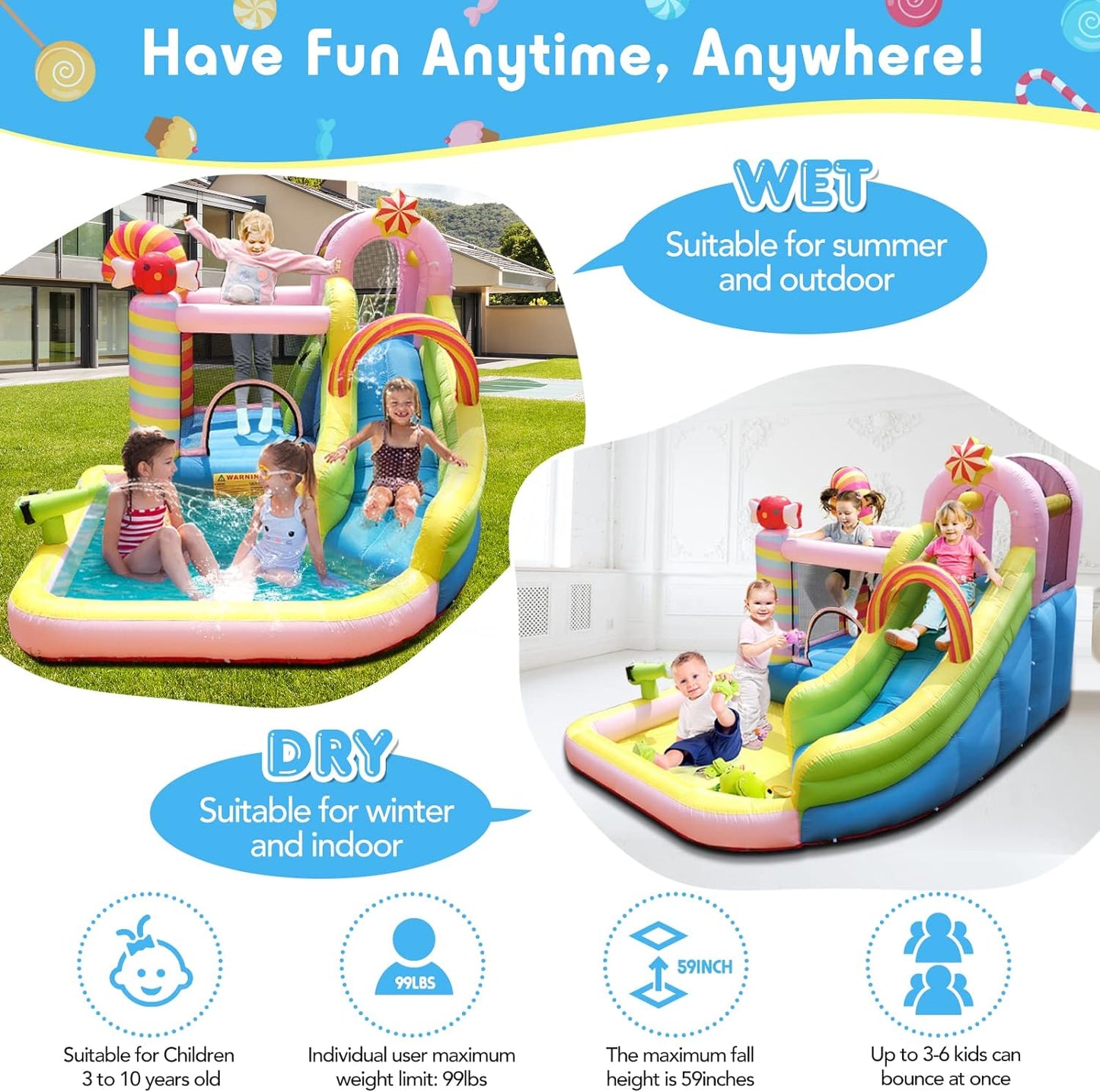 Inflatable Bounce House Water Slide, 6 in 1 Sweet Candy Water Park, Wet Dry Combo Bouncy Castle with 450W Blower, Splash Pool, Water Slide for Kids and Adults Backyard Party Gifts