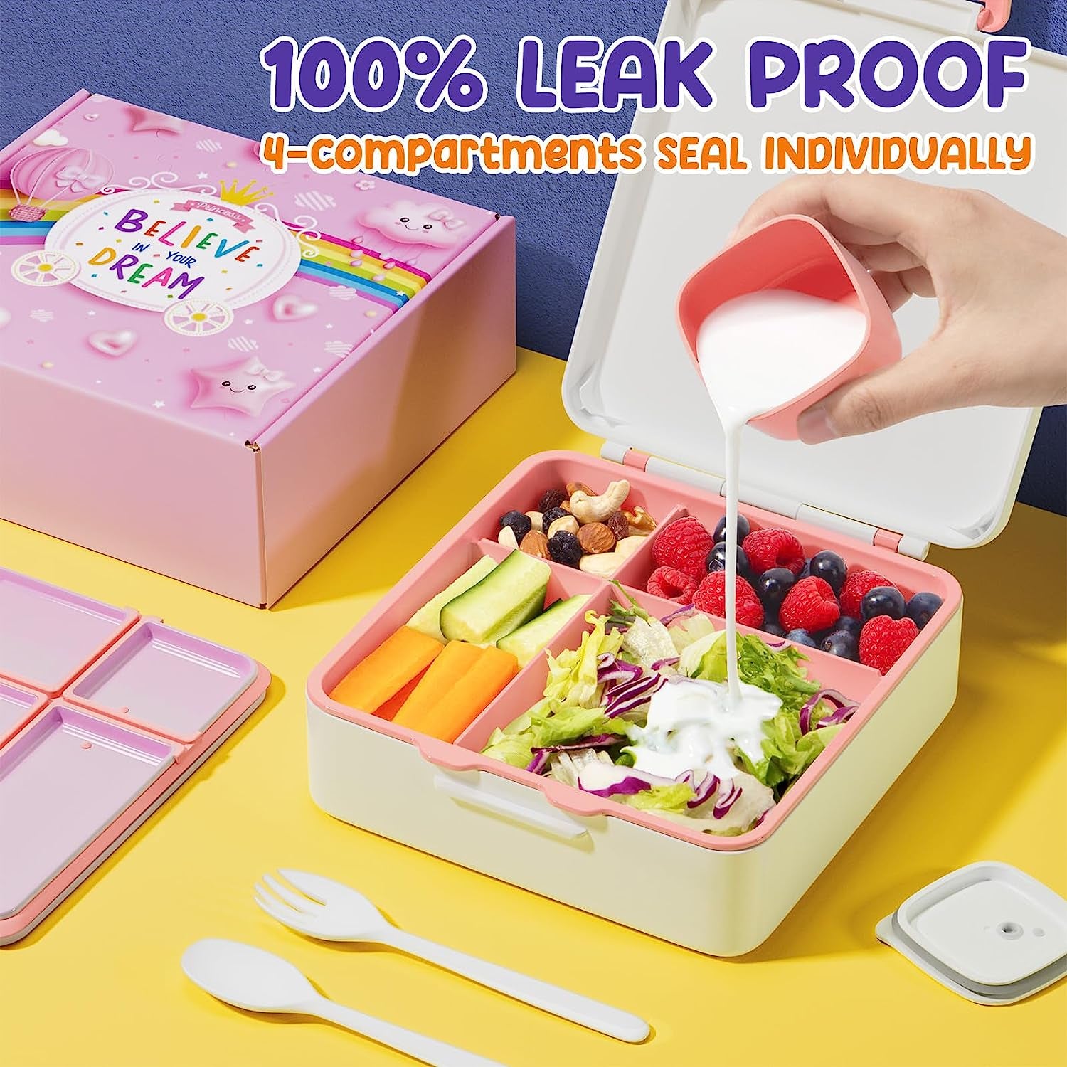 Bento Lunch Box for Kids - Leak Proof Toddler Bento Box with 4 Compartments BPA Free Dishwasher Safe Lunch Container with Utensils, Ideal Portion Sizes for Ages 3-12 Girls Boys for School