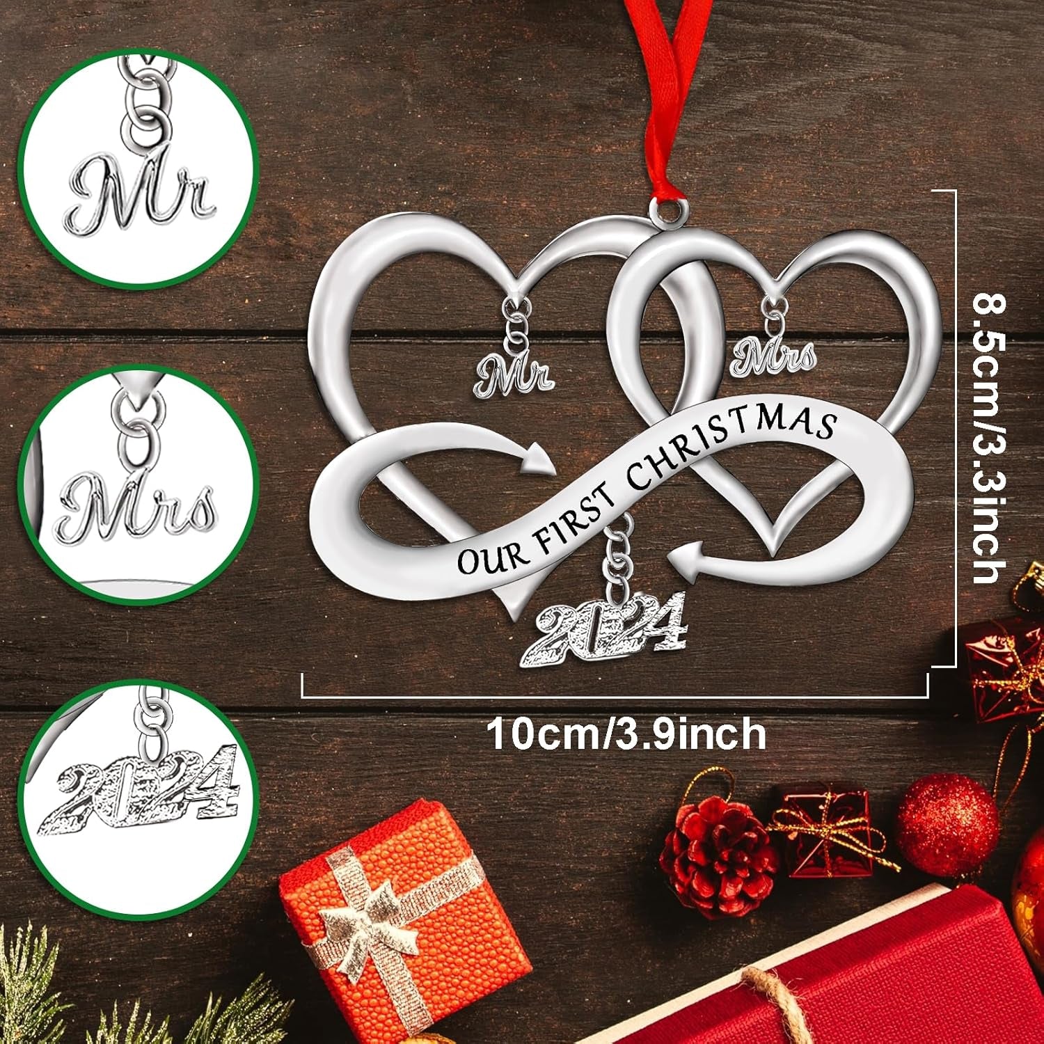 Our First Christmas as Mr & Mrs Ornament 2024 Christmas Decoration, Married 2024 Ornament 1St Year Wedding Gifts Metal with Gift Box, Bridal Shower Gift for Newlywed Couple Christmas Tree Wedding Orna