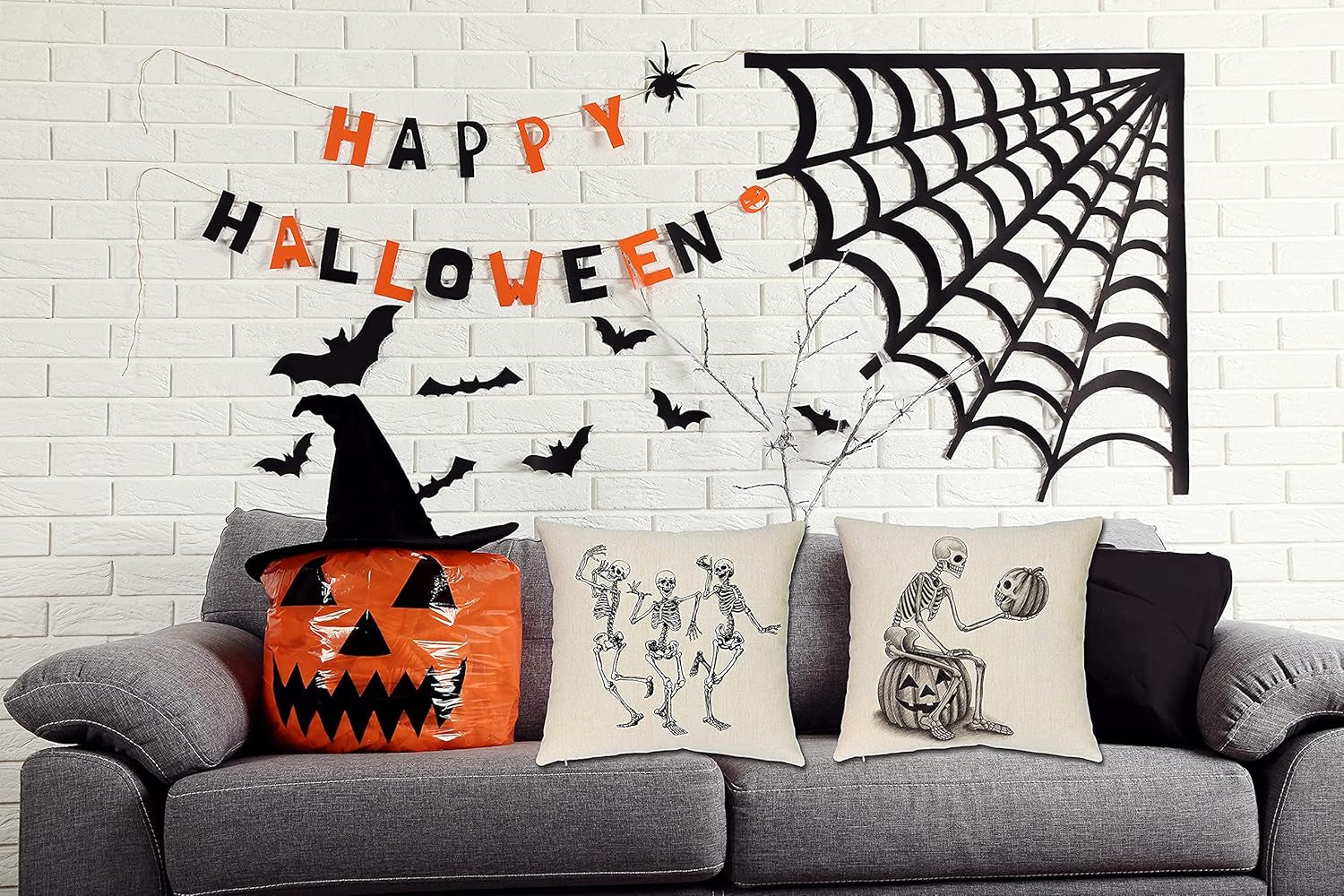 Halloween Pillow Covers Skeleton Skull Pumpkin Throw Pillowcases Set of 4 Cotton Linen Pillow Cushion Cover for Halloween Decorations, 16 by 16 Inch