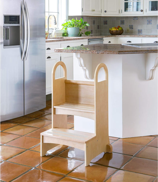 High-Rise Step-Up - Natural: Wooden Two-Step Stool for Kids and Adults, Counter Height with Handles and Non-Slip Treads - Quality Home Furniture