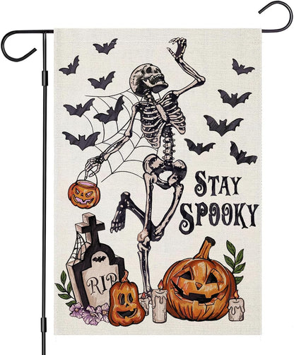 Halloween Garden Flags for outside Decoration, STAY SPOOKY Skeleton with Pumpkin Small Yard Flag for Outdoor Decor 12X18 Inch Vertical Double Sided