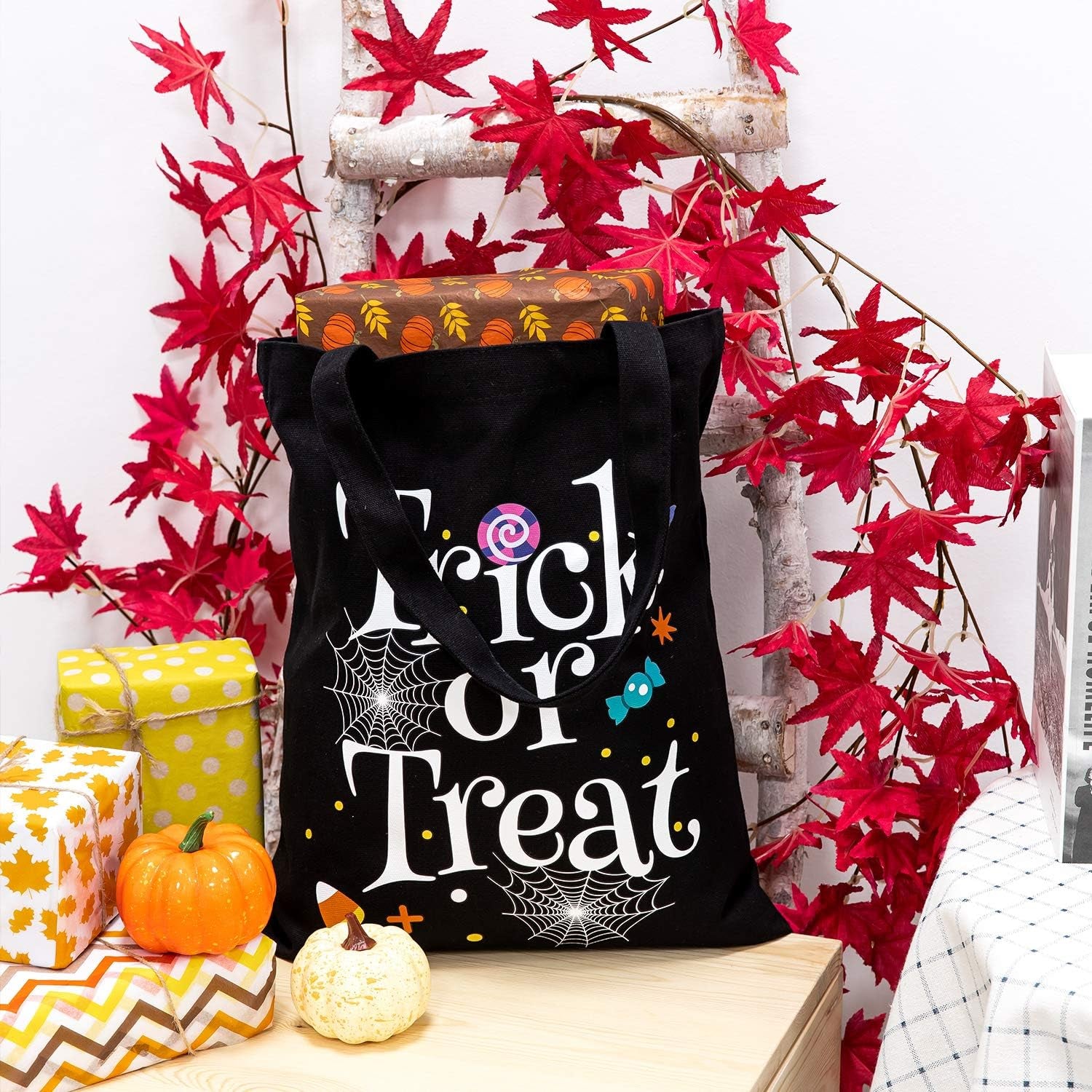 Halloween Canvas Tote Bags Trick or Treat Tote Candy Bag Reusable Cotton Handbag Grocery Bags for Halloween Party Favor Gift Bags, 2 Pack, 15.7" X 13.4"