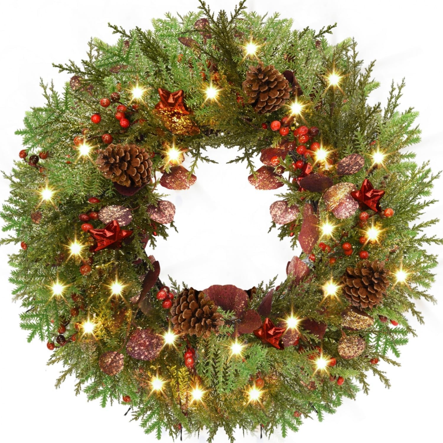 24'' Artificial Christmas Wreath with Lights, Red Berry & Pine Cones, Battery Operated Christmas Wreaths for Front Door, Window, Fireplace, Wall, Christmas Decorations for Indoor and Outdoor