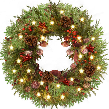 24'' Artificial Christmas Wreath with Lights, Red Berry & Pine Cones, Battery Operated Christmas Wreaths for Front Door, Window, Fireplace, Wall, Christmas Decorations for Indoor and Outdoor