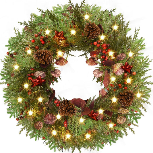 24'' Artificial Christmas Wreath with Lights, Red Berry & Pine Cones, Battery Operated Christmas Wreaths for Front Door, Window, Fireplace, Wall, Christmas Decorations for Indoor and Outdoor