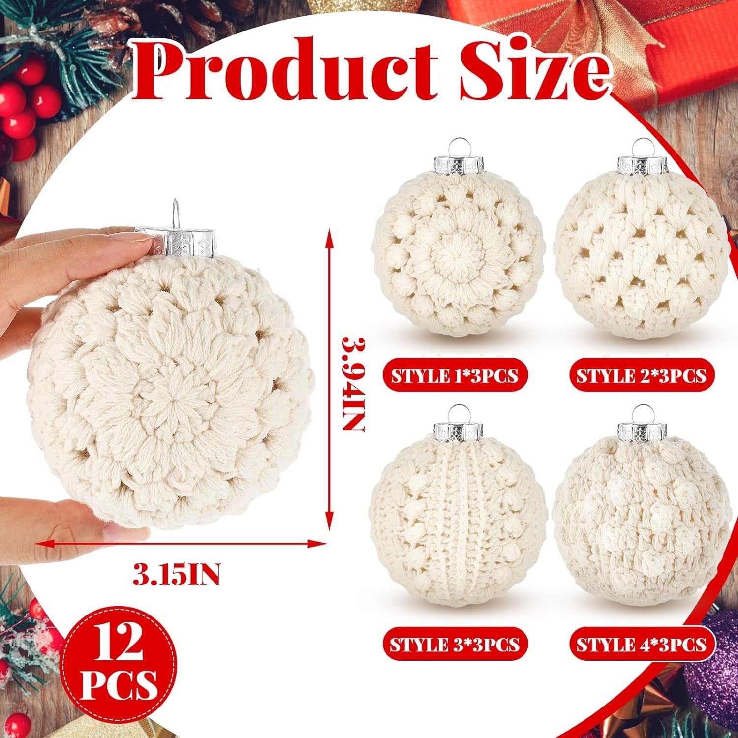 12 Pcs 3.15" Crochet Christmas Ball Ornaments Set Handmade Christmas Ornaments Crochet Christmas Baubles Shatterproof Knitted Christmas Ball Set for Christmas Party Decoration Supplies