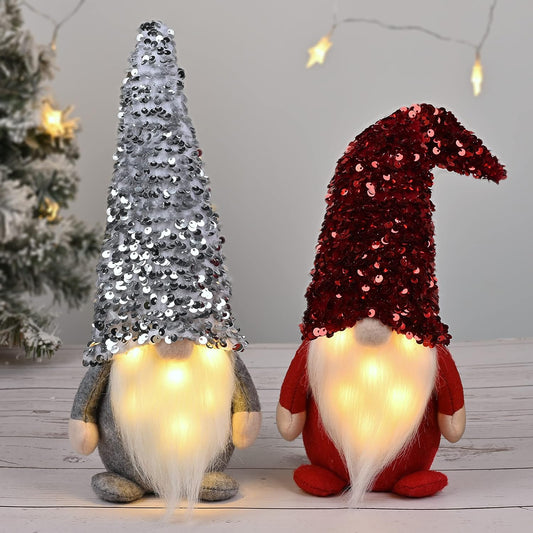 2Pack Sequin Christmas Gnomes Plush with LED Lighting Beard, Handmade Swedish Tomte Santa Scandinavian Figurine Nordic Plush Elf Doll Gnome Ornaments Christmas Decorations Home Decor