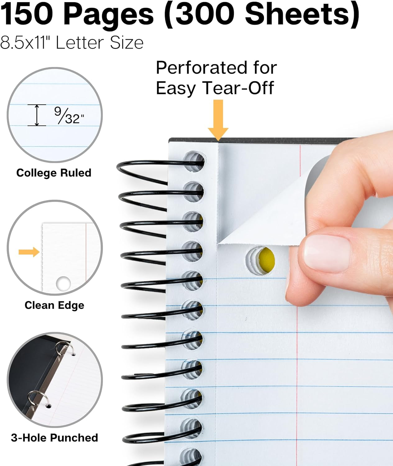 3-Subject Notebook College Ruled 8.5 X 11 (Blue) - 150 Sheets/300 Pages, Spiral Notebook 8.5X11 with Tabs, Movable Dividers, Pockets, Front/Back Plastic Covers, Multi Subject Notebook