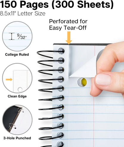 3-Subject Notebook College Ruled 8.5 X 11 (Blue) - 150 Sheets/300 Pages, Spiral Notebook 8.5X11 with Tabs, Movable Dividers, Pockets, Front/Back Plastic Covers, Multi Subject Notebook