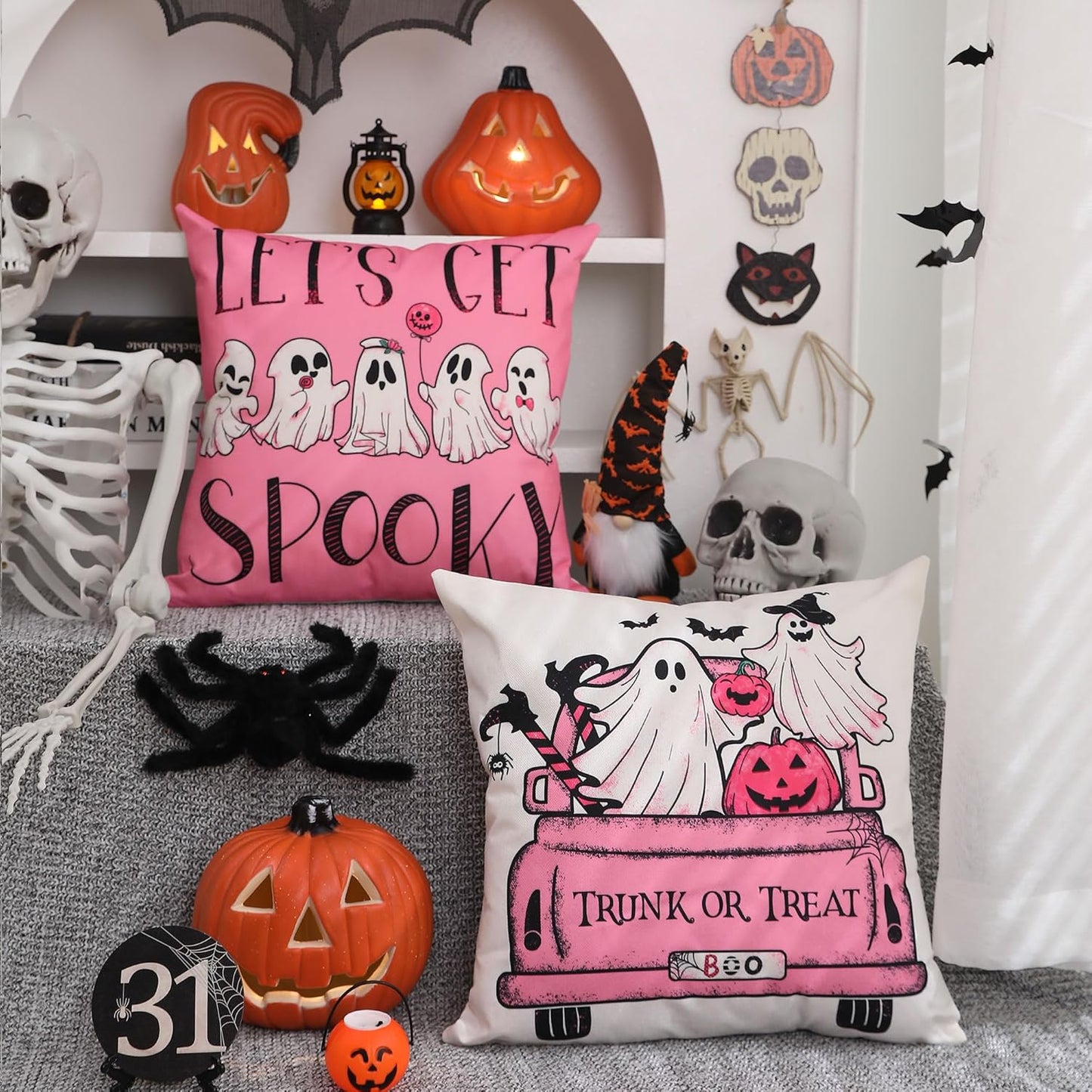 Halloween Pillow Covers 18X18 Inch Set of 4 Black and White Ghost Pumpkins Truck Decoration Pink Halloween Pillow Covers Decor for Sofa Bed Outdoor Car 094