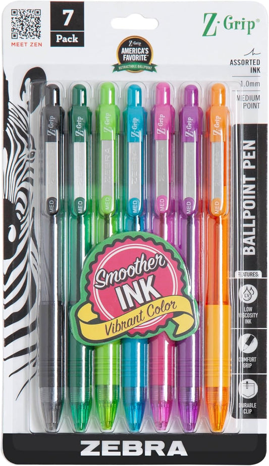 Pen Z-Grip Retractable Ballpoint Pen, Medium Point, 1.0Mm, Assorted Fashion Colors, 7-Pack