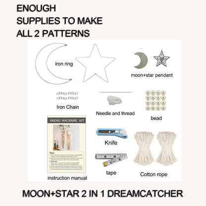 Moon+Star Macrame Kit, 2 in 1 Macrame Kits for Adults Beginners, Includes Macrame Cord and Instruction with Video, Macrame Wall Hanging Supplies, Craft Kits for Adults DIY Dream Catcher Kit