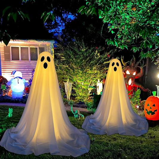 2 Packs Halloween Decorations Outdoor, Spooky Ghost Halloween Decor with String Lights Battery Operated, Easy to Assemble Ghost Decorations for Front Porch Yard