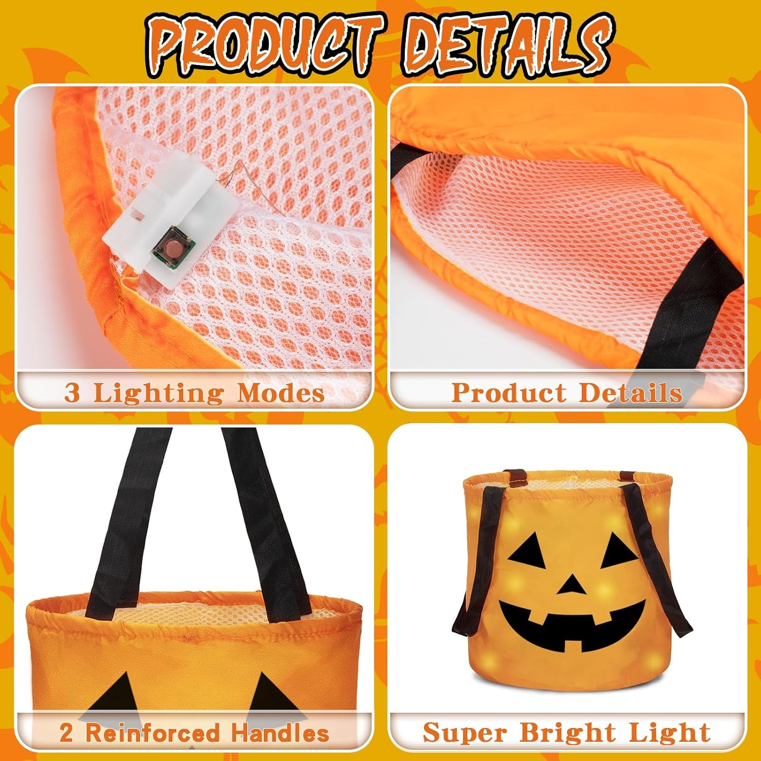 Halloween LED Light up Trick or Treat Bags, 3 Pcs Halloween Pumpkin Bucket, Multipurpose Portable Collapsible Reusable Candy Bags, Best Halloween Party Favors for Kids.