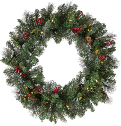 30 Inch Crestwood Spruce Wreath with Silver Bristles, Cones, Berries and 50 Battery Operated Warm White LED Lights with Timer (CW7-309L-30W-B1), 30 In, Green, Red