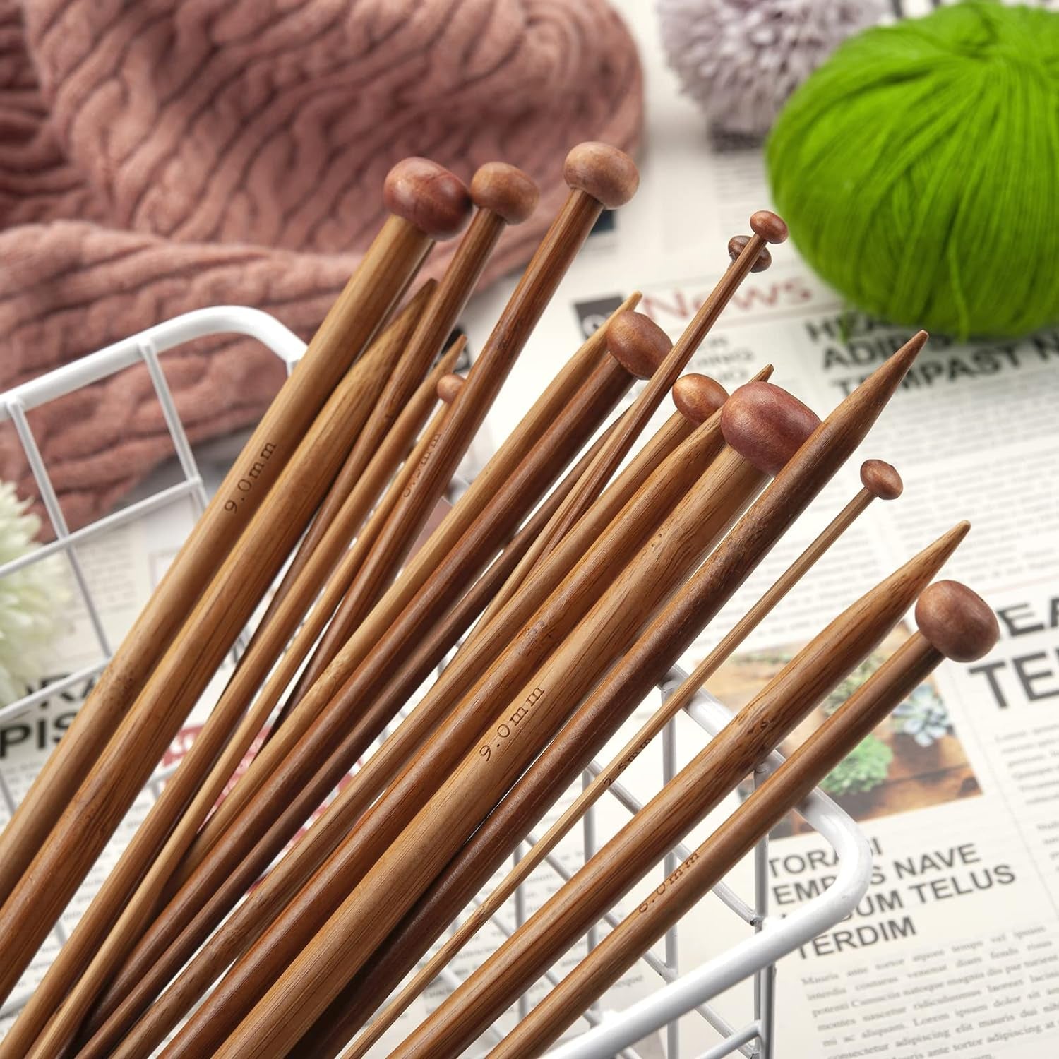 14 Inch Single Point Bamboo Knitting Needles Set for Beginners, 18 Pairs US Size 0-15 (2.0-10.0Mm) Straight Wooden Knitting Needles, Long Wood Needles Prefect for Sweaters, Socks, Shawl and Scarf