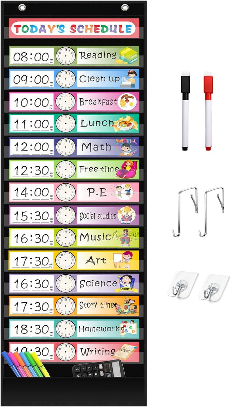 15+1 Pockets Daily Schedule Pocket Chart with 30 Pcs Double-Sided Reusable Cards, Scheduling Pocket Chart for Classroom Office Home Preschool Activity (Black)