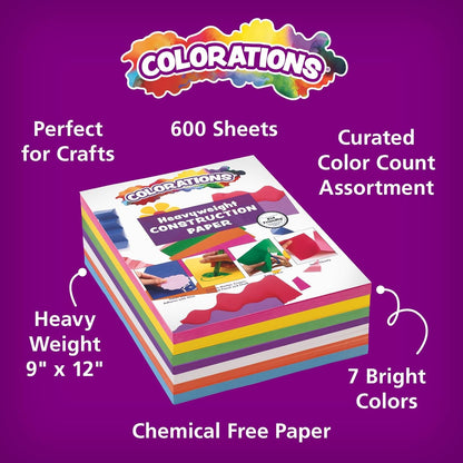 Construction Paper for Kids - 7 Bright Colors - 600 Bulk Sheets of 9"X12" - Assorted Pack of Heavy-Duty Craft Paper, Bulk School Supplies